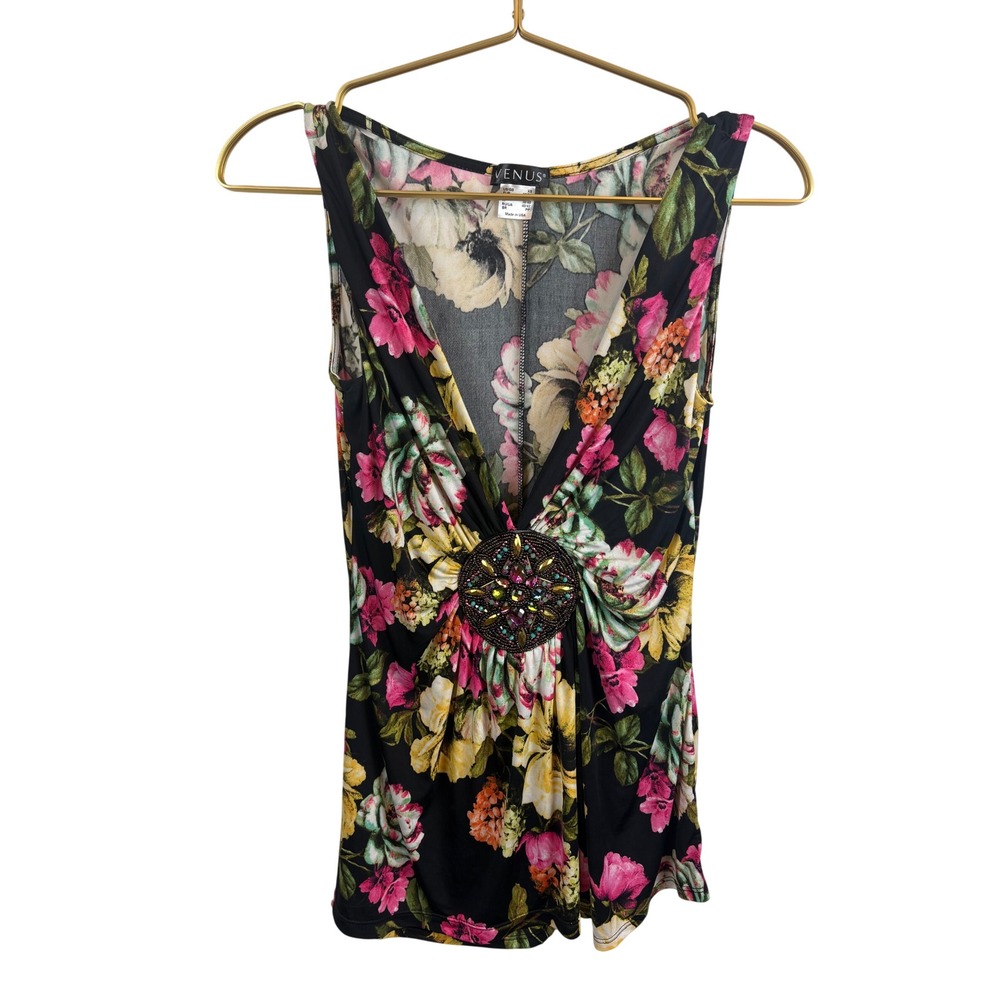 Vintage Y2K Venus Floral Beaded Medallion Low Sleeveless Top Black Pink XS USA